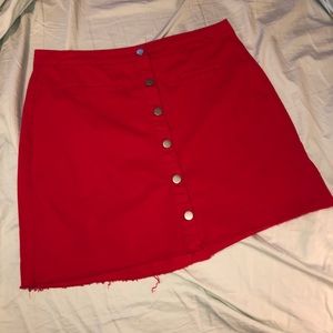 Red denim mini skirt